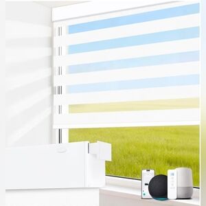 No Drill Motorized Smart Zebra Blinds w/ Remote Blackout Dual Layer White 29x72"